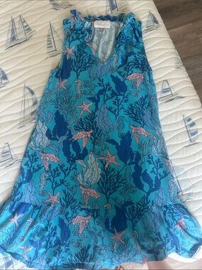 Sea-Inspired Blue Midi Dress with Ruffle Hem